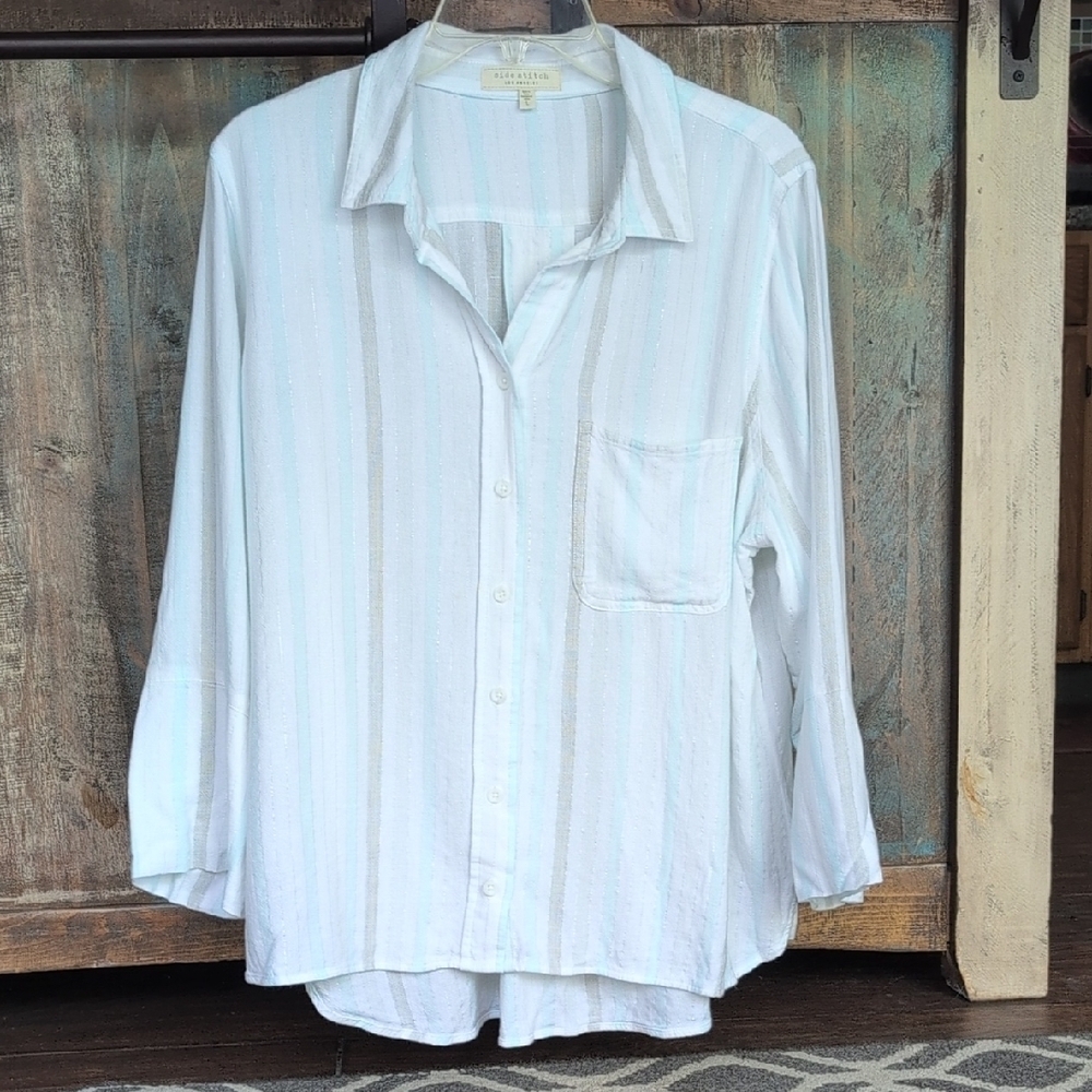 Side Stitch Coastal Linen Striped Button Down - Women's Large - Picture 1 of 7